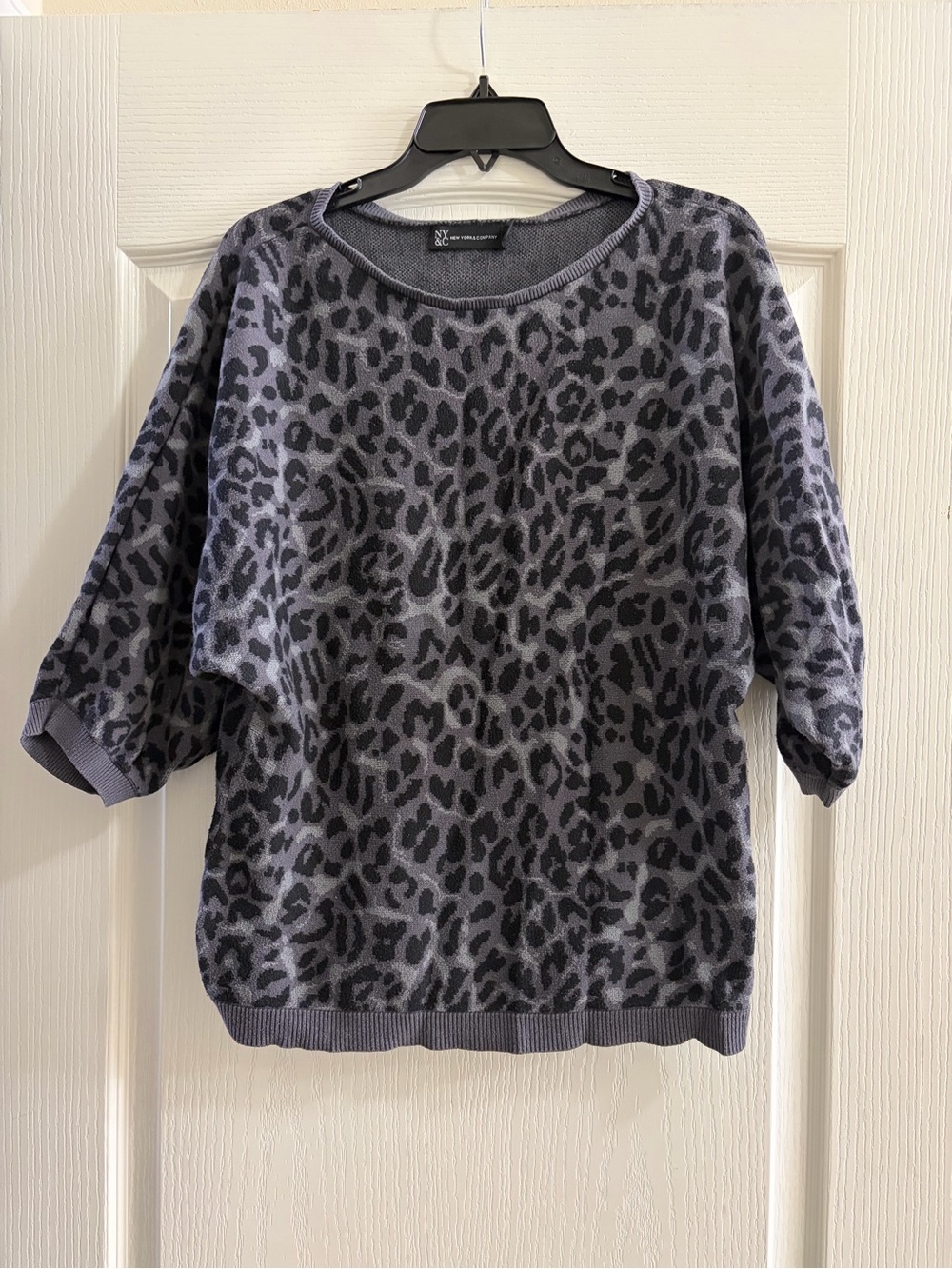 New York & Company Gray and Black Leopard Print Scoop Neck Sweater